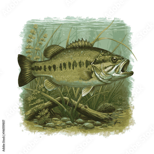 Largemouth Bass in Underwater Scene Vector