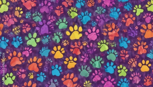 Joyful rainbow paw prints, repeating doodle pattern  ,  background,  colorful,  vector