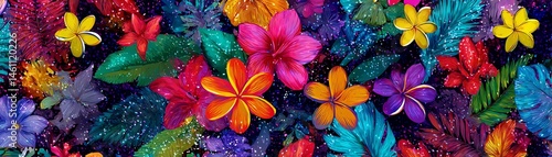 Colorful flowers and leaves on a vibrant, dark background.