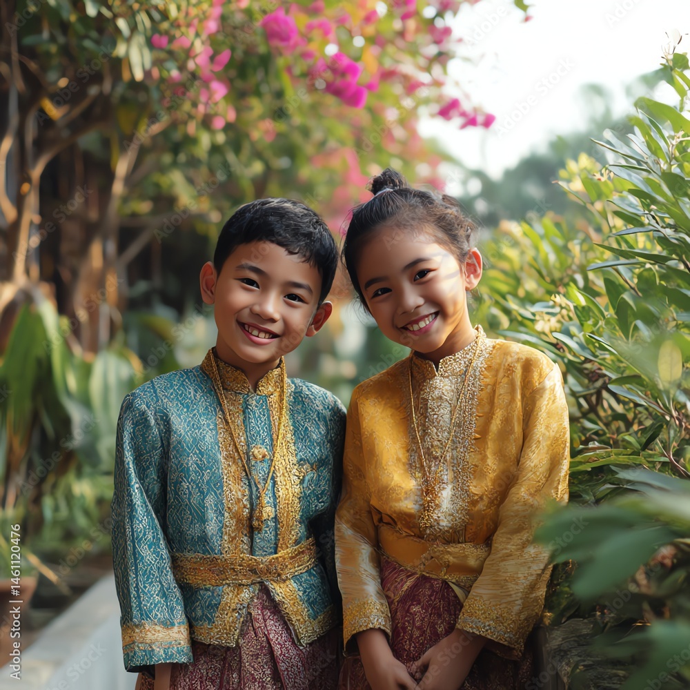 Two children in traditional clothing, smiling in a lush garden setting.