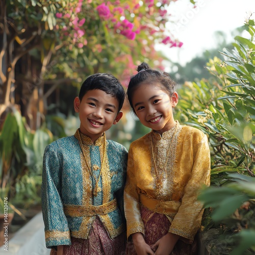 Obraz na płótnie Two children in traditional clothing, smiling in a lush garden setting. w salonie