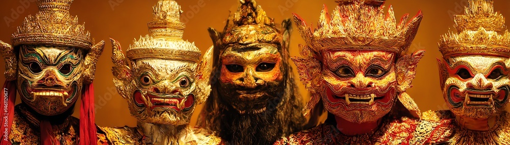 Traditional masks representing cultural performance and heritage.