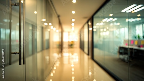 Dynamic office environment blurred interior view with doorway modern workspace calm atmosphere