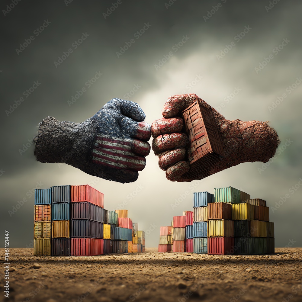 Symbolic hands representing trade conflict over shipping containers.