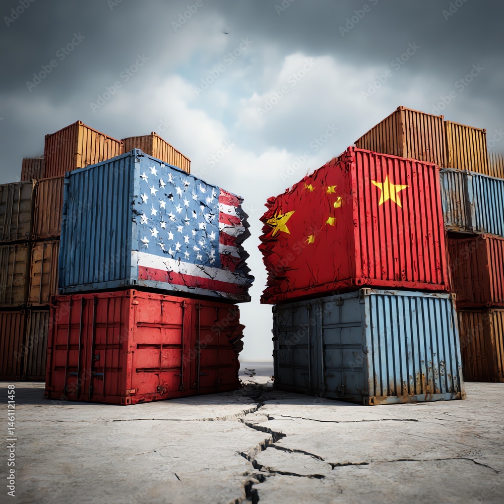 Shipping containers with US and China flags symbolizing trade relations.