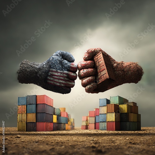 Obraz na płótnie Symbolic hands representing trade conflict over shipping containers. w salonie