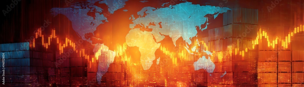 Global stock market trends with abstract financial graphs and world map.