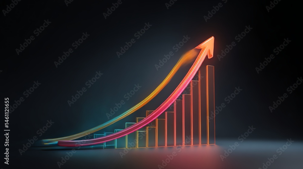Colorful growth chart with an upward arrow on a dark background.