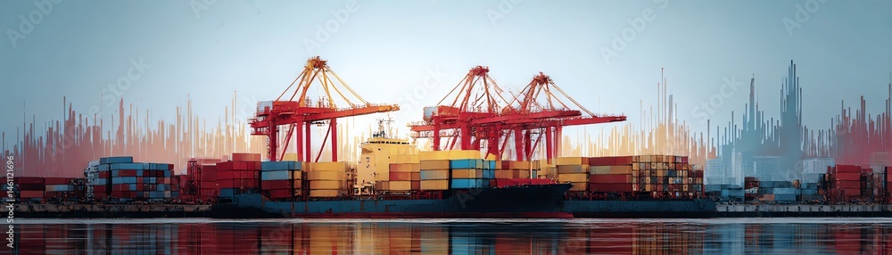 Cargo ship at port with red cranes and containers on a calm waterfront.