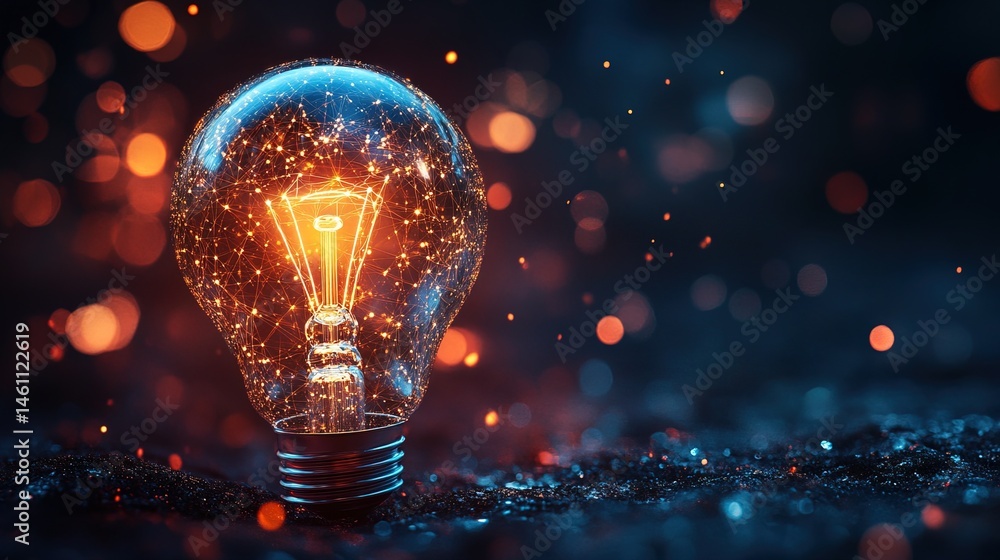 A floating digital lightbulb made of interconnected holographic elements A floating digital lightbulb made of interconnected holographic elements