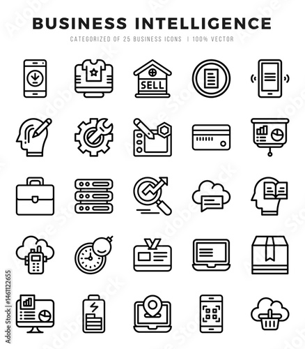 Set of Business Intelligence Icons. Simple Lineal art style icons pack.