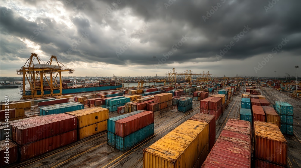 Colorful shipping containers stacked at a busy port under a cloudy sky.