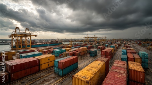 Obraz na płótnie Colorful shipping containers stacked at a busy port under a cloudy sky. w salonie