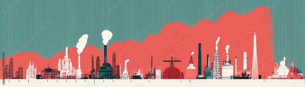Colorful illustration of industrial skyline with smokestacks against a gradient background.
