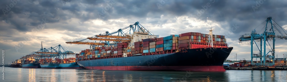 Cargo ship at harbor under dramatic sky, showcasing shipping industry activity.