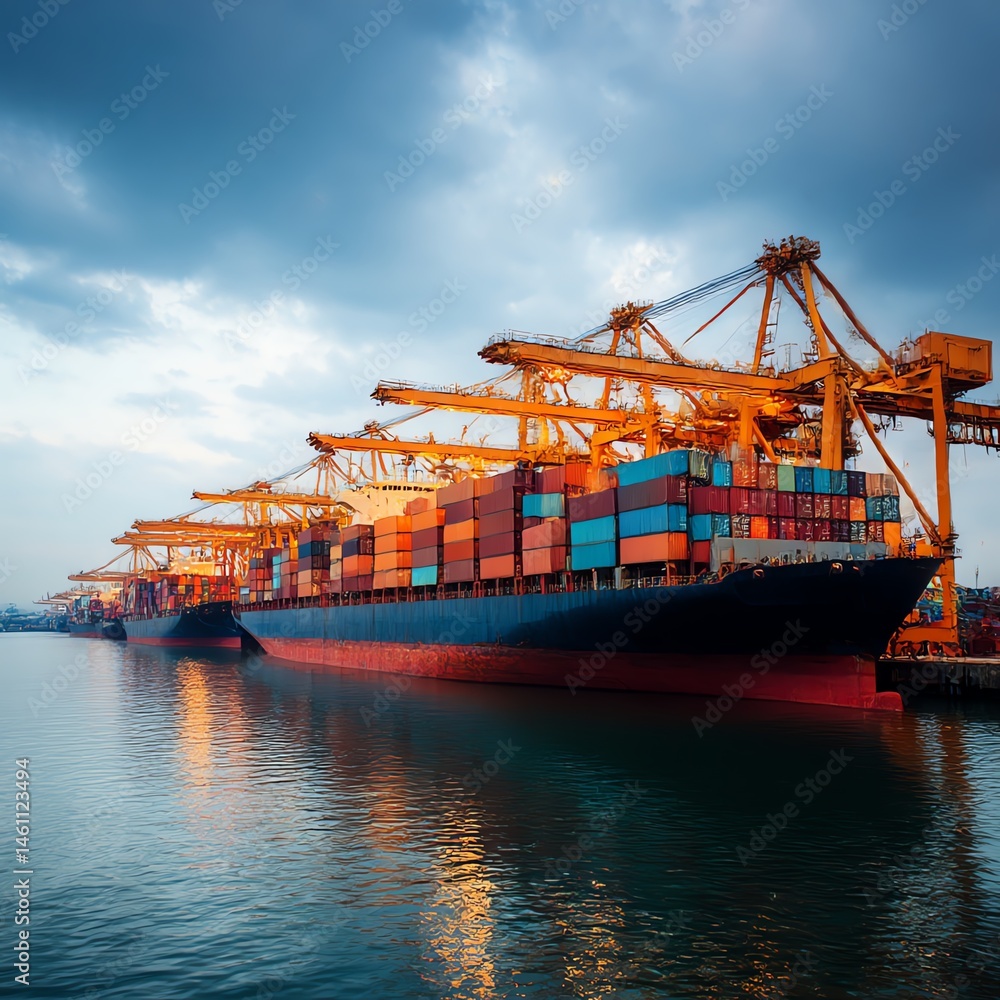 Cargo ship docked at port with colorful containers and tranquil water reflections.