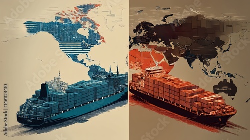 Obraz na płótnie Two cargo ships in contrasting colors symbolizing global trade. w salonie