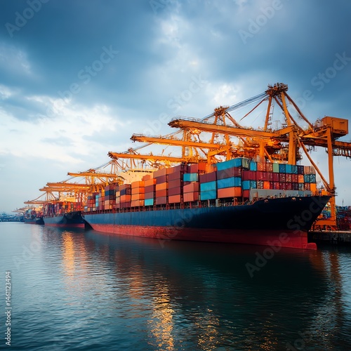 Obraz na płótnie Cargo ship docked at port with colorful containers and tranquil water reflections. w salonie