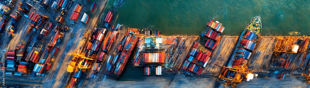 Aerial view of cargo containers at a busy shipping port.