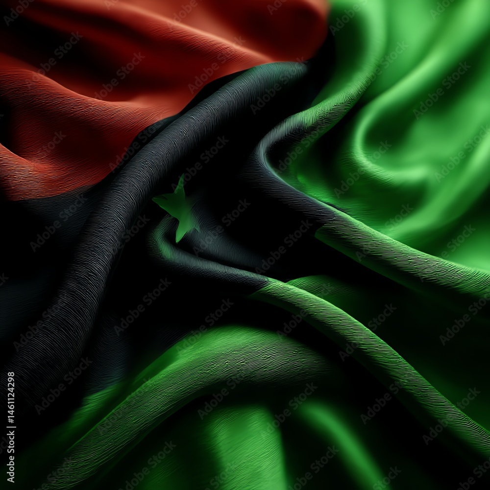 Flag fabric waving gracefully, rich colors blending harmoniously.