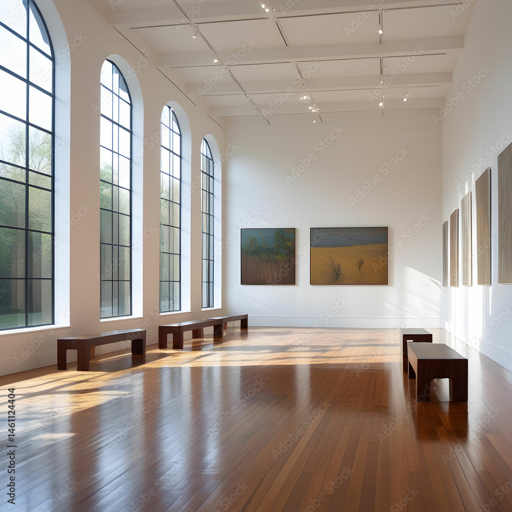 Fototapeta premium A peaceful modern gallery interior with warm sunlight, minimalist decor,