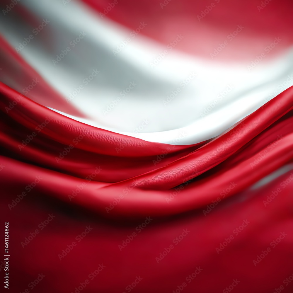 Waving fabric in shades of red and white, smooth texture, elegant draping.