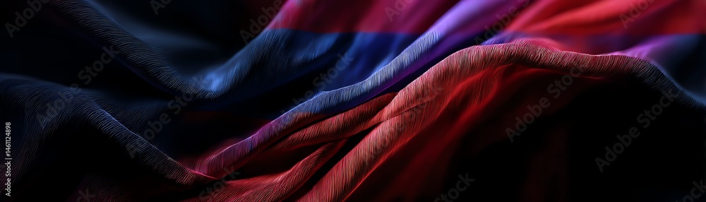 Abstract fabric texture with flowing waves in vibrant colors on dark background.