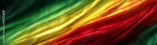 Vibrant flag with green, yellow, and red colors flowing beautifully.