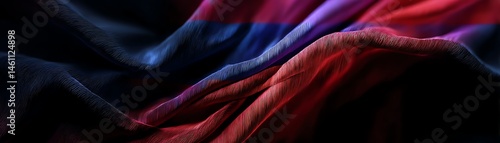 Abstract fabric texture with flowing waves in vibrant colors on dark background.