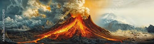 Active volcano spewinglava and smoke against a dramatic sky, isolated landscape.