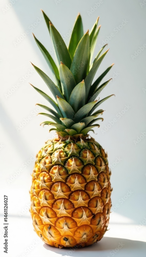 Fototapeta premium Entire pineapple on white, sunlit, tropical vibes , vibrant, bright