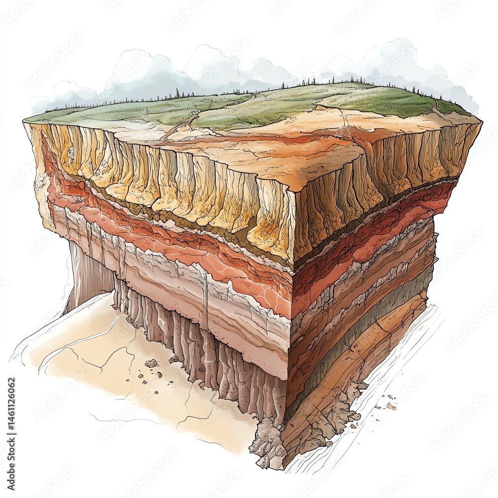 Geological cross-section illustrating earth layers in vibrant colors.