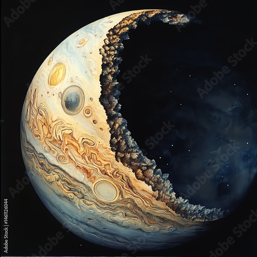 An artistic representation of Jupiter against a starry background.