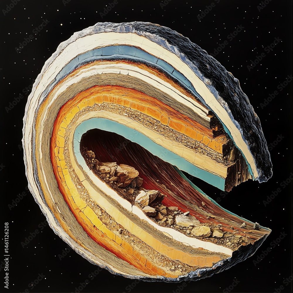 Cross-section of Earth's layers showcasing geology and colors, on a black background.