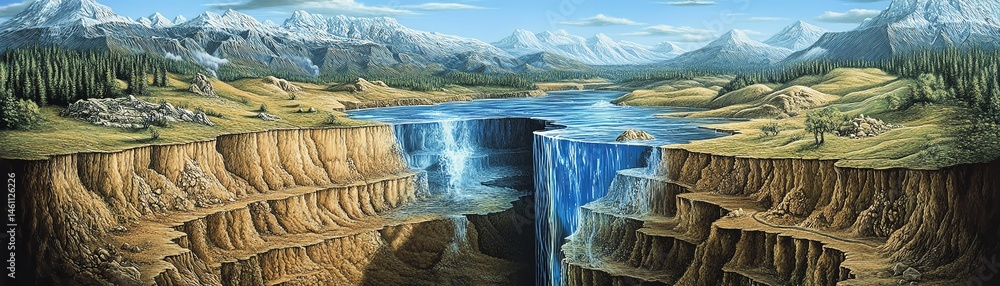 A stunning view of waterfalls cascading into a canyon surrounded by mountains.