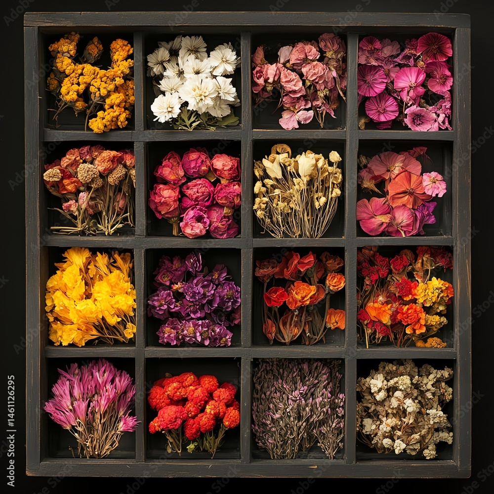 Colorful variety of dried flowers arranged in a grid pattern.