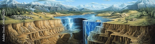 Obraz na płótnie A stunning view of waterfalls cascading into a canyon surrounded by mountains. w salonie