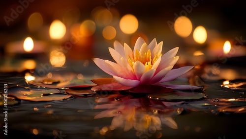 Serene Water Lily Blossom Illuminated by Soft Candlelight at Dusk