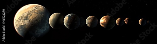 Obraz na płótnie Planets in solar system arranged in a curved line against black background. w salonie