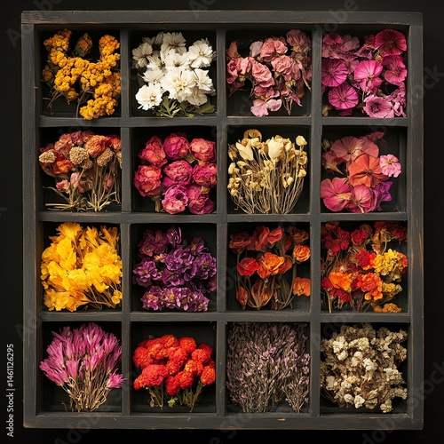 Obraz na płótnie Colorful variety of dried flowers arranged in a grid pattern. w salonie