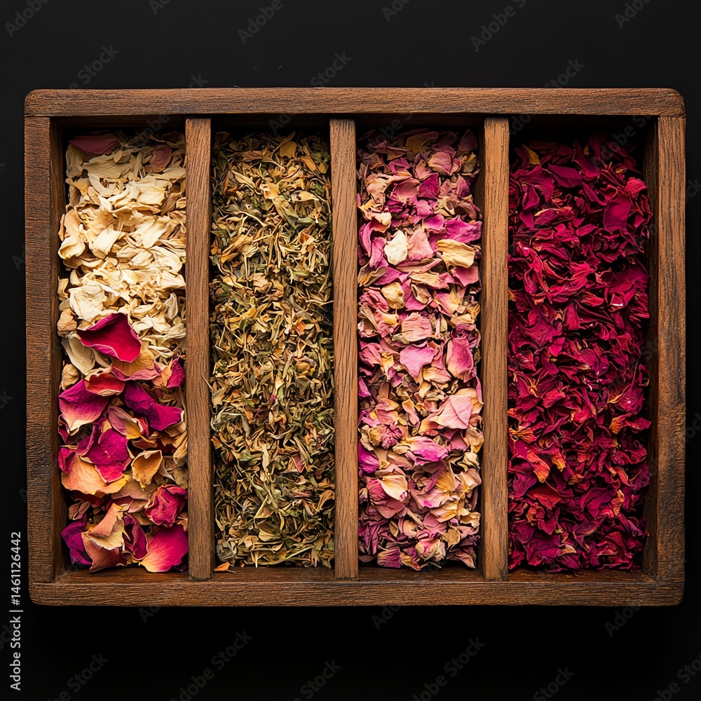 Variety of dried flower petals arranged in a wooden box.