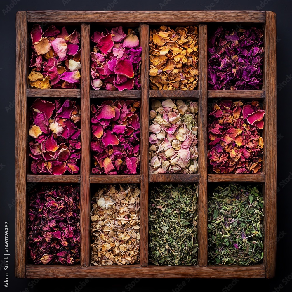 A wooden box filled with colorful dried petals and herbs, isolated on a dark background.