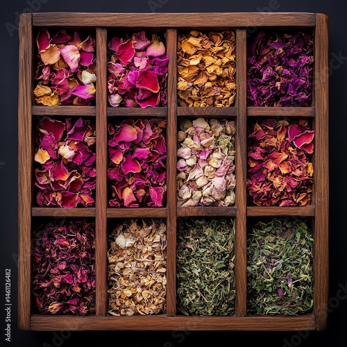 Obraz na płótnie A wooden box filled with colorful dried petals and herbs, isolated on a dark background. w salonie