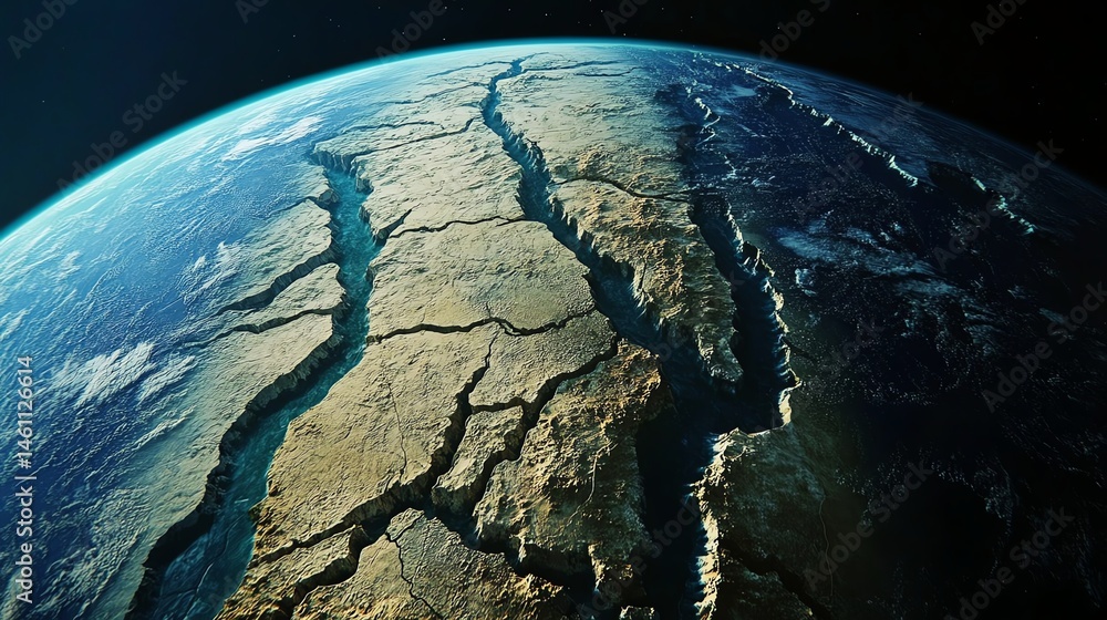 Aerial view of Earth's cracked surface showcasing deep valleys and landscapes.