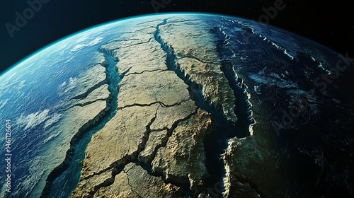 Obraz na płótnie Aerial view of Earth's cracked surface showcasing deep valleys and landscapes. w salonie