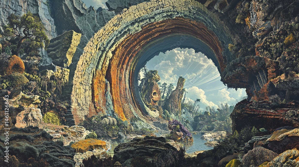 Stunning rock formation with an ethereal, colorful sky and vibrant vegetation.
