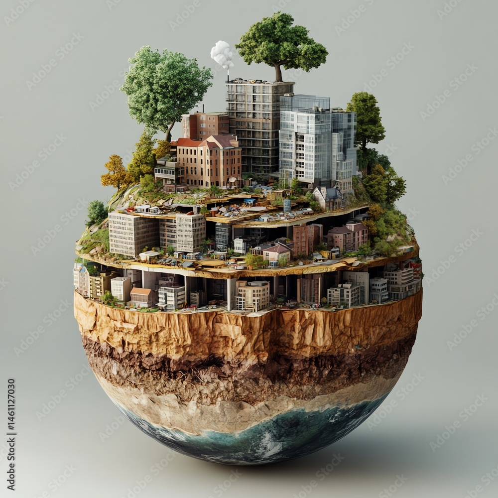 Unique miniature world with nature and urban landscape on spherical base.