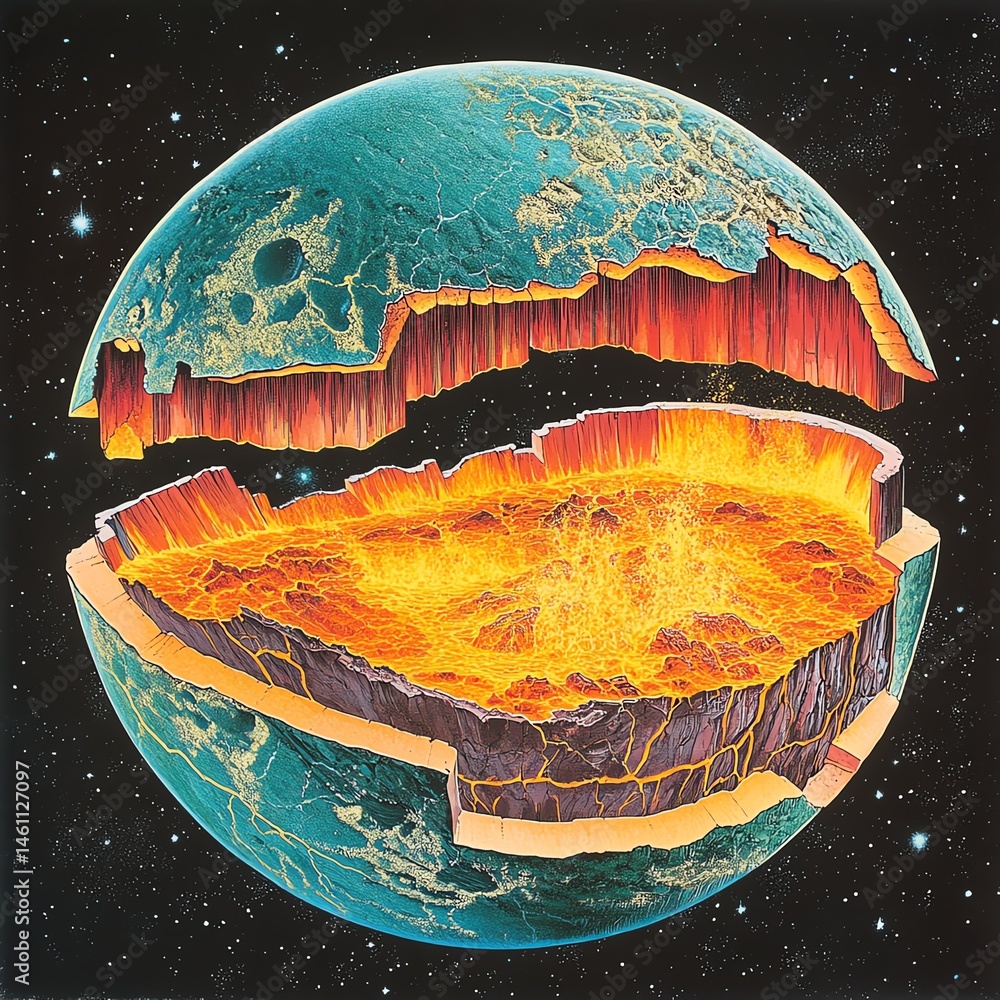 Cross-section of a planet showing internal layers, lava, and outer crust.