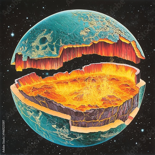Obraz na płótnie Cross-section of a planet showing internal layers, lava, and outer crust. w salonie