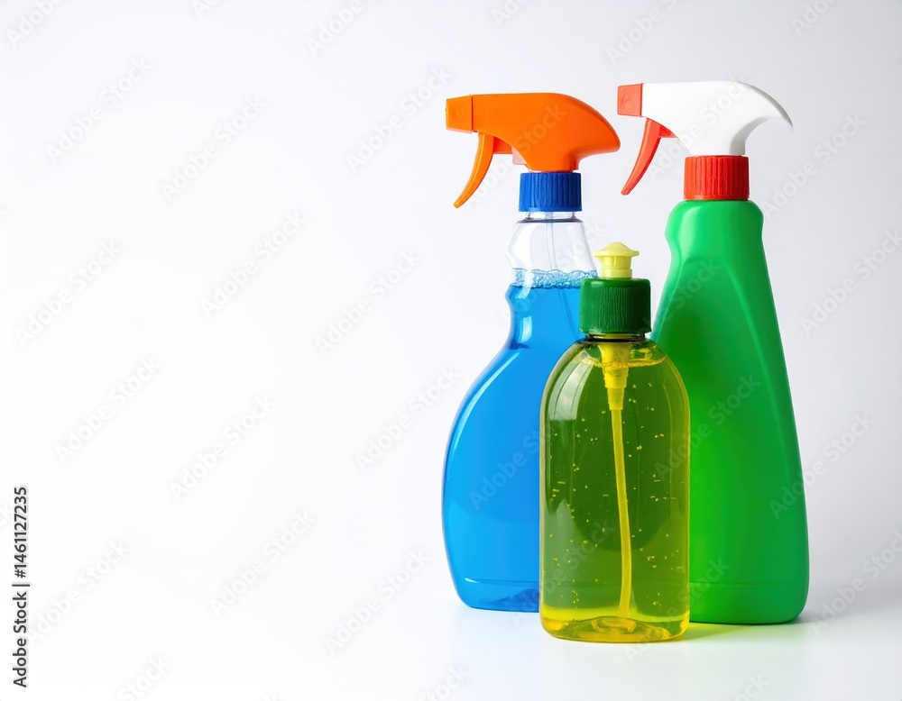 A sleek, transparent bottle of all-purpose cleaner with a bright blue spray nozzle sits prominently against a clean white background, showcasing its modern design. A sleek, transparent bottle of all-purpose cleaner with a bright blue spray nozzle sits prominently against a clean white background, showcasing its modern design.